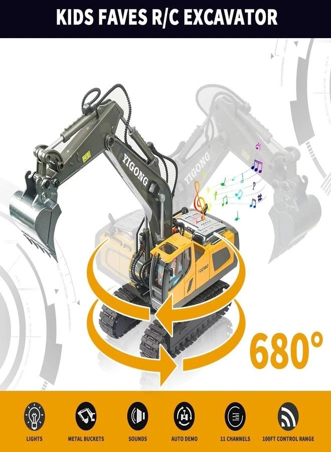 Junona Remote Control Excavator Toy 11 Channel Rc Excavator Truck Toys 1/18 Scale 2.4Ghz Construction Vehicles with Metal Shovel 680° Rotation Lights & Sounds for Kids Boys Age 4-10 Years - Image 5